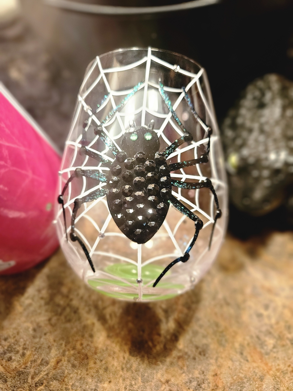 Lolita Black Jeweled Spider Wine Glass with Green Accents